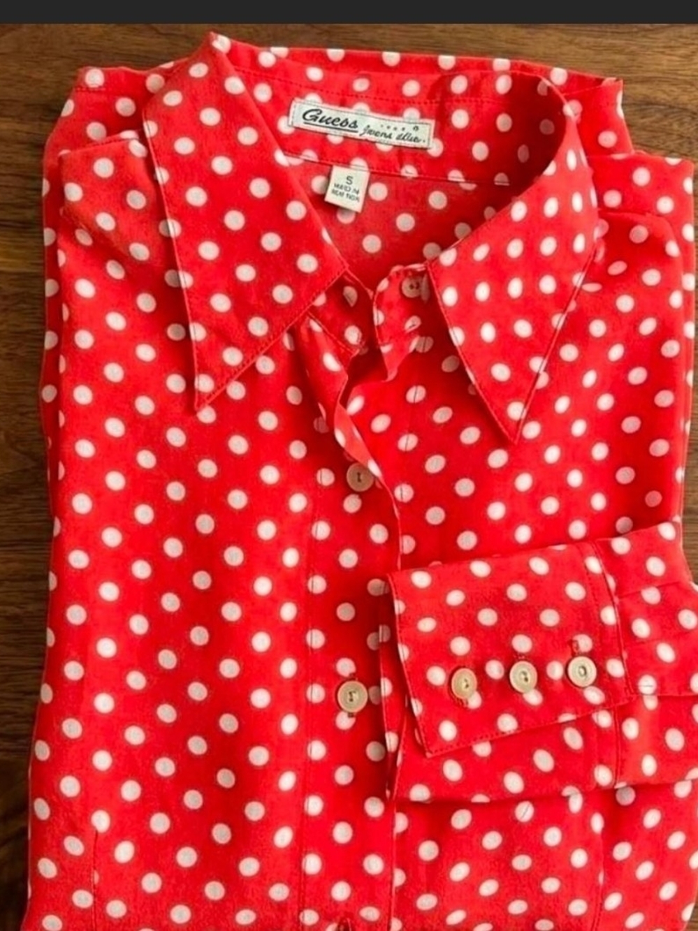 Guess Jeans Womens Red White Polka Dot Collared Button-Up Long Sleeve Top-S - Picture 4 of 5